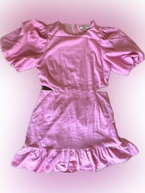 Joy Joy Pink Puff Sleeve Cutout Ruffle Hem Dress